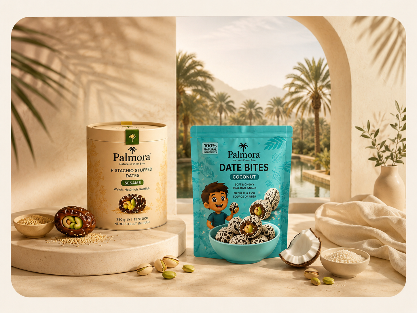 Palmora date products presented beside an Iranian-inspired palm grove