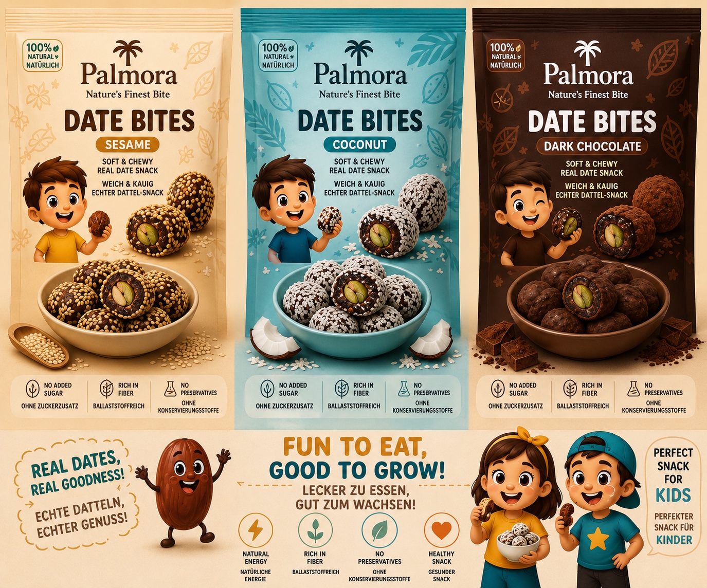 Palmora Date Bites kids pouch range