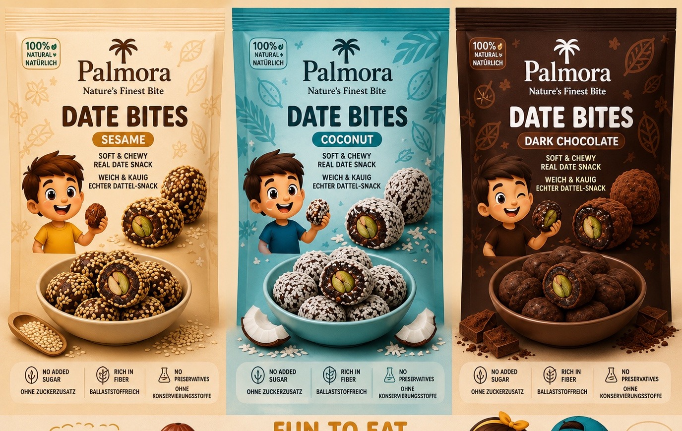Palmora Date Bites three-flavour packaging lineup